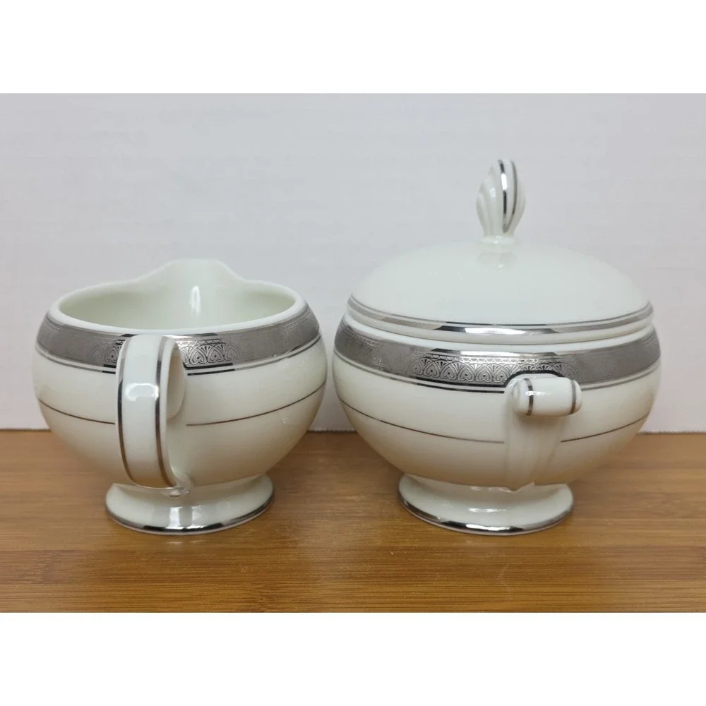 Mikasa Fine China Palatial Platinum Creamer & Sugar Bowl‎ L3235 White & Silver